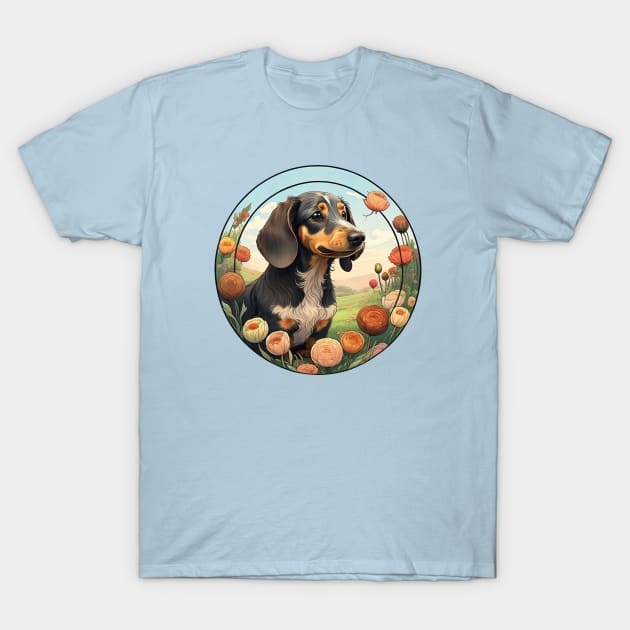 Longhaired Dachshund Spring Flowers T-Shirt by Pet And Petal